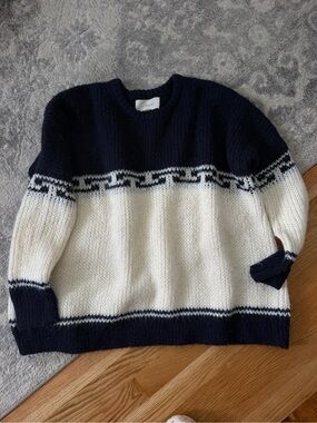 THE GREAT. Navy and Cream Colorblock Crewneck Sweater